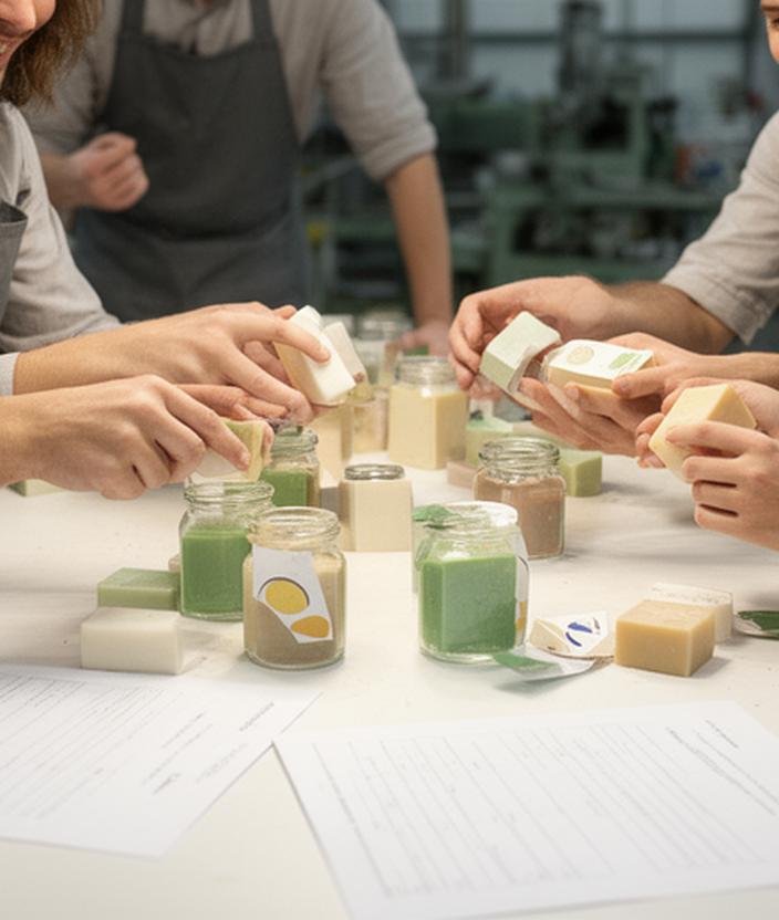 Equipo revisando muestras de jabón en una mesa de trabajo luminosa con frascos, etiquetas y hojas de pedido