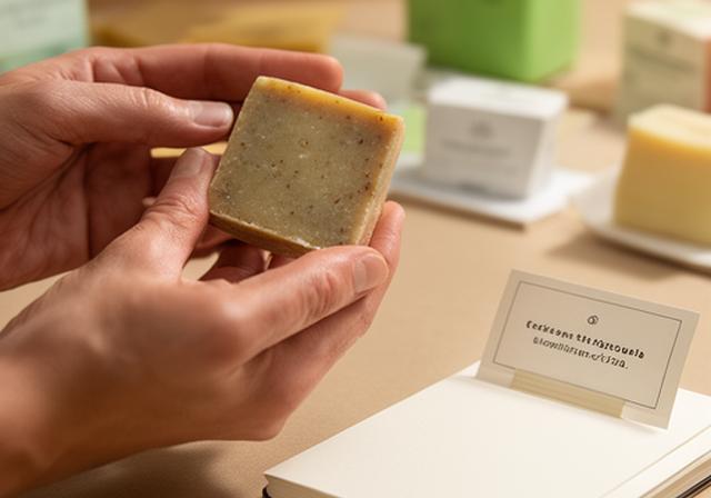 Manos sosteniendo una muestra de jabón artesanal junto a una tarjeta de producto y una libreta de pedidos