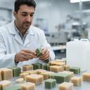 Equipo de control de calidad revisando piezas de jabón sobre una mesa clara en planta industrial
