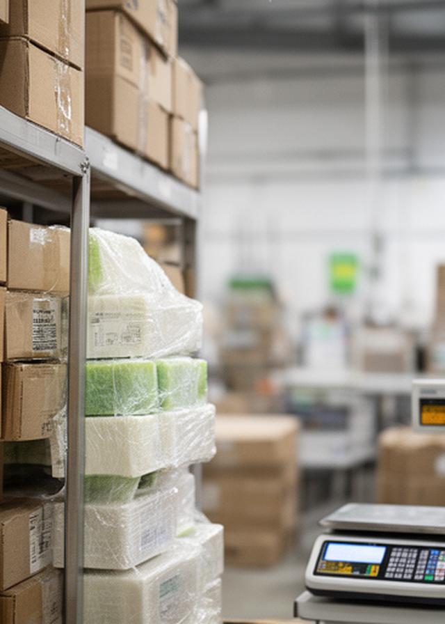 Estantería con cajas de jabón industrial, paquetes etiquetados y balanzas de control en un área de producción prolija