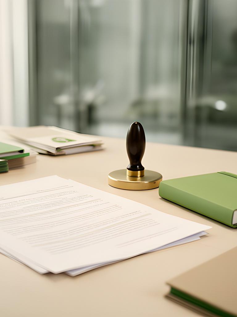 Mesa de trabajo ordenada con documentos, sello y notebook en una oficina luminosa vinculada a gestión de datos