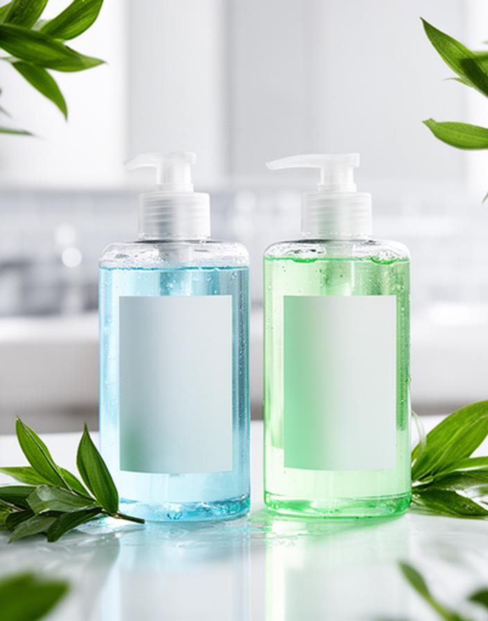 Gel de ducha hidratante con envases transparentes, hojas verdes y fondo de baño minimalista
