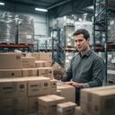 Distribuidor mayorista revisando cajas de jabón industrial en un depósito ordenado