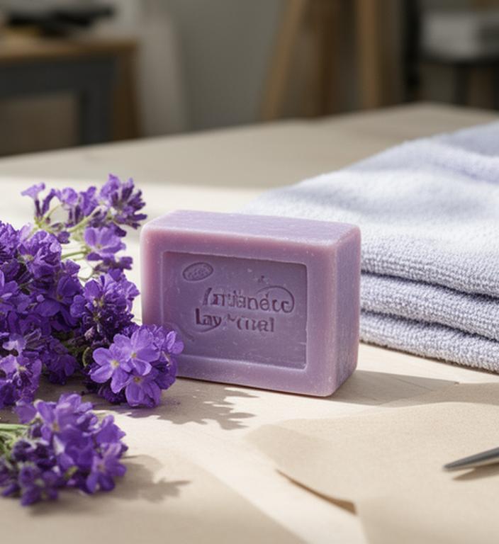 Jabón artesanal de lavanda junto a flores violetas y toallas claras sobre una mesa de trabajo prolija