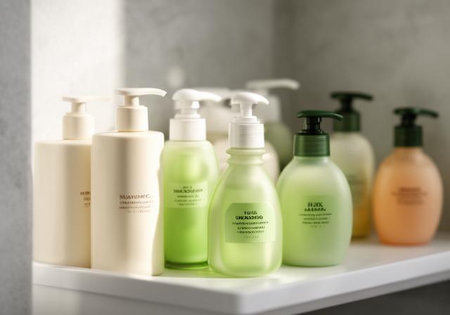 Frascos de crema y shampoo ordenados sobre una repisa de baño con luz natural
