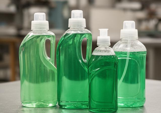 Botellas de detergente y desinfectante biodegradables sobre una superficie de trabajo en tonos verdes