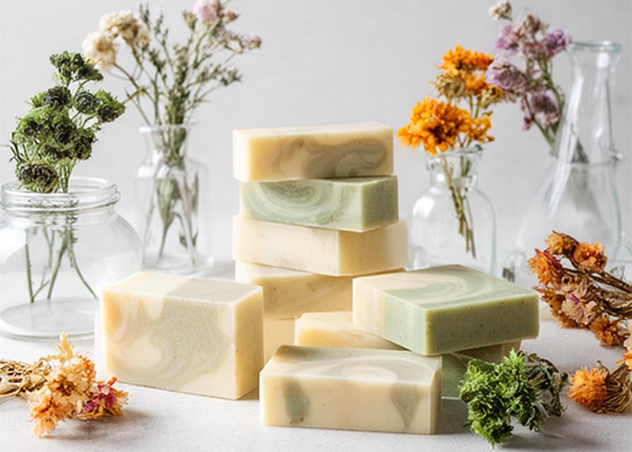 Jabones artesanales apilados junto a flores secas y envases de vidrio sobre una mesa clara