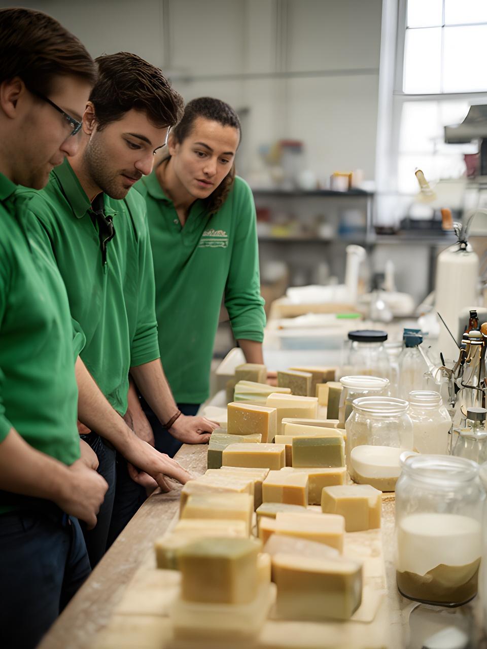 Equipo de fábrica observando una mesa de jabones artesanales en un taller luminoso de Embalse