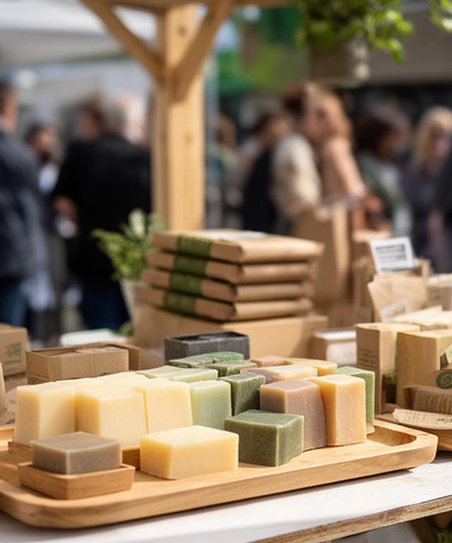 Mesa de feria con jabones artesanales alineados y envases reciclables en un stand serrano