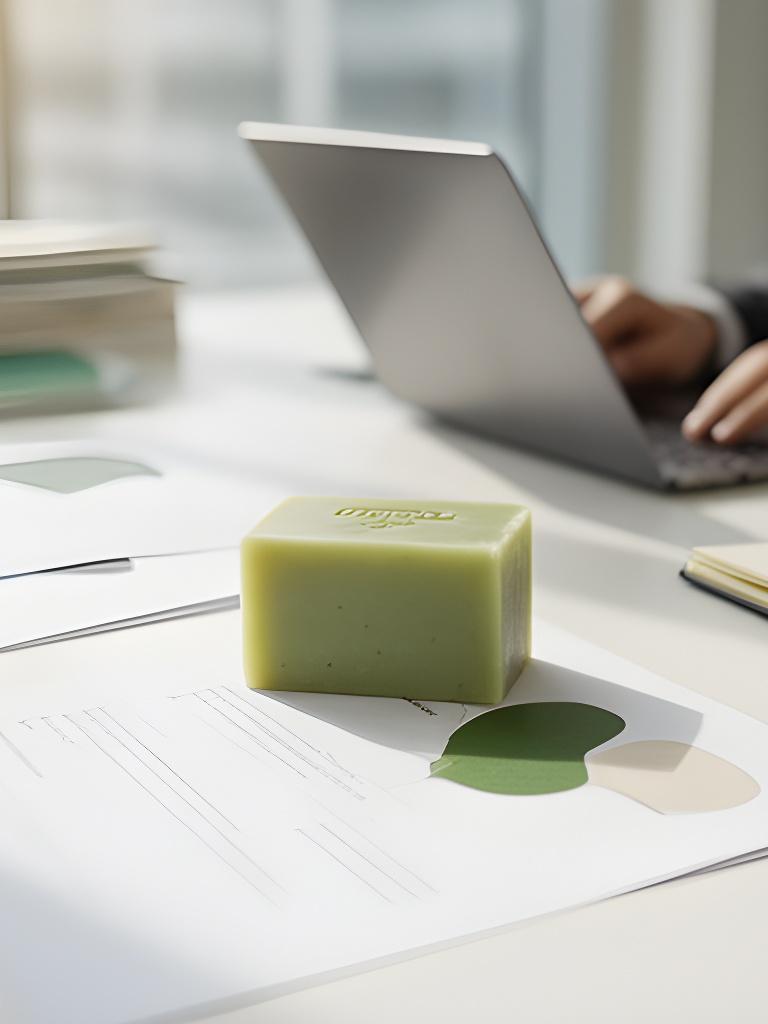 Mesa de trabajo con documentos legales, jabón artesanal y una notebook en una oficina luminosa