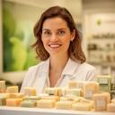 Asesora comercial atendiendo consultas de pedidos junto a un mostrador con muestras de jabón